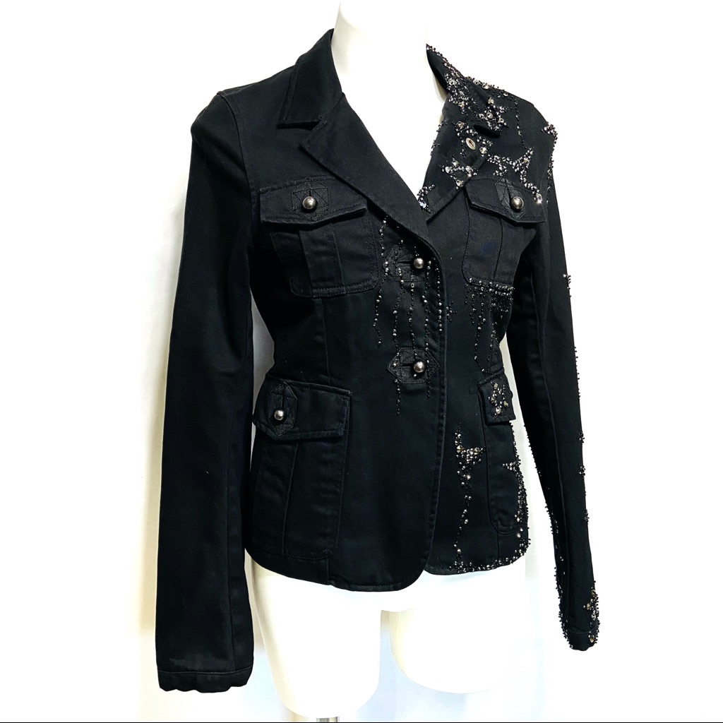 Vintage Parasuco Black Denim Jean Rhinestone Star Edgy Military Rock Jacket